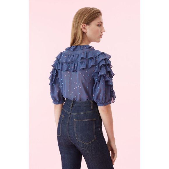NWT Womens Size 10 Rebecca Taylor Pure Silk Glitter Gem Chiffon Ruffle Blouse - Picture 5 of 5